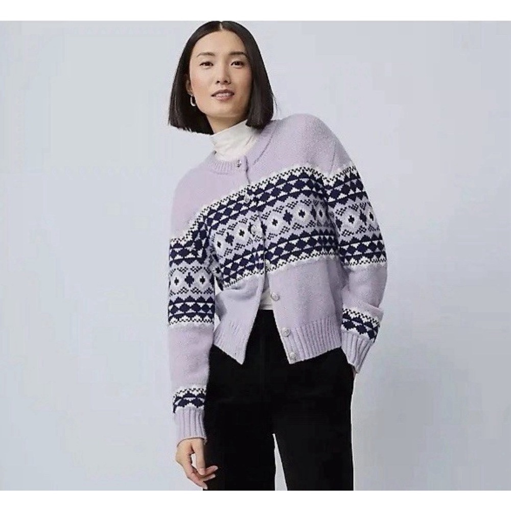 Ann Taylor Fair Isle Cardigan Sweater Size XL‎ Lavender Cottagecore Nordic Cozy